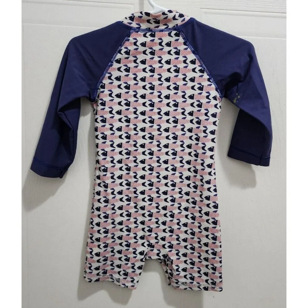 Egg By Susan Lazar Baby One Piece Zip Front LS Rashguard Red White Blue Fish 12M